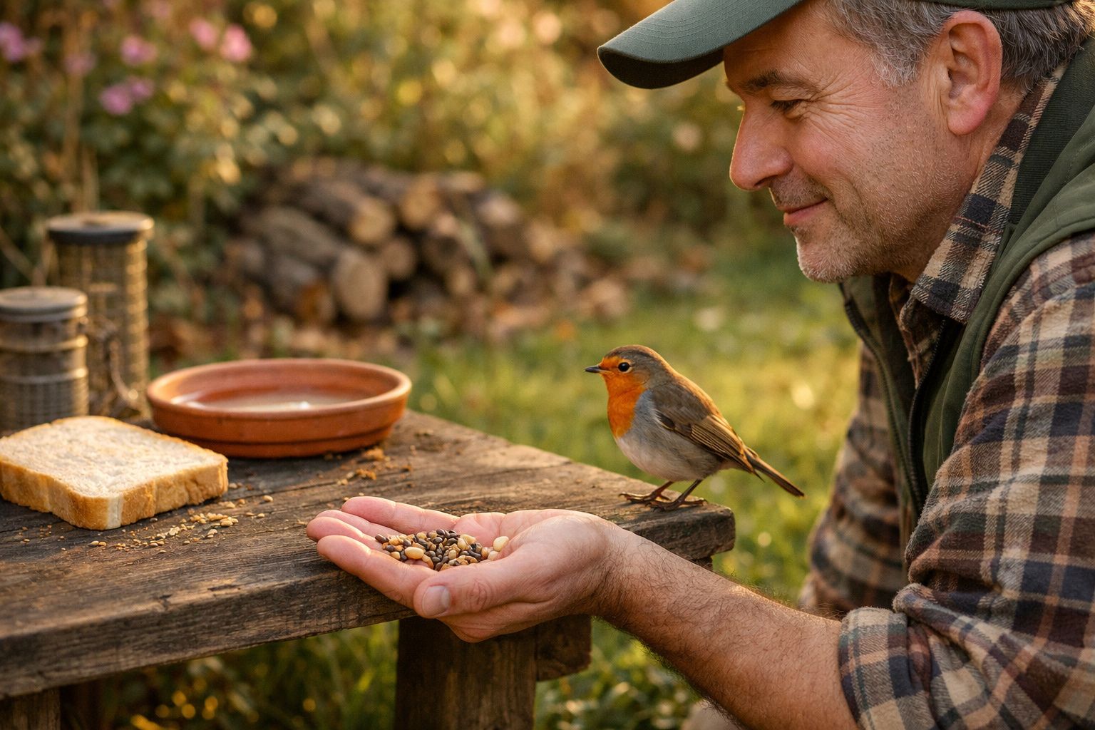 Homem sorri ao alimentar um rouxinol com sementes na mão junto a uma mesa de madeira ao ar livre.