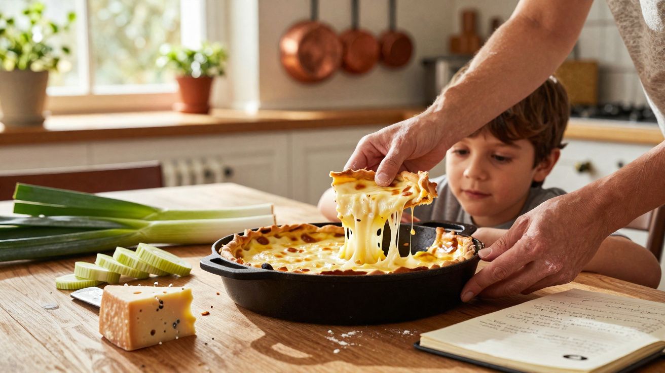 Criança observa adulto a retirar fatia de quiche com queijo derretido numa cozinha iluminada.