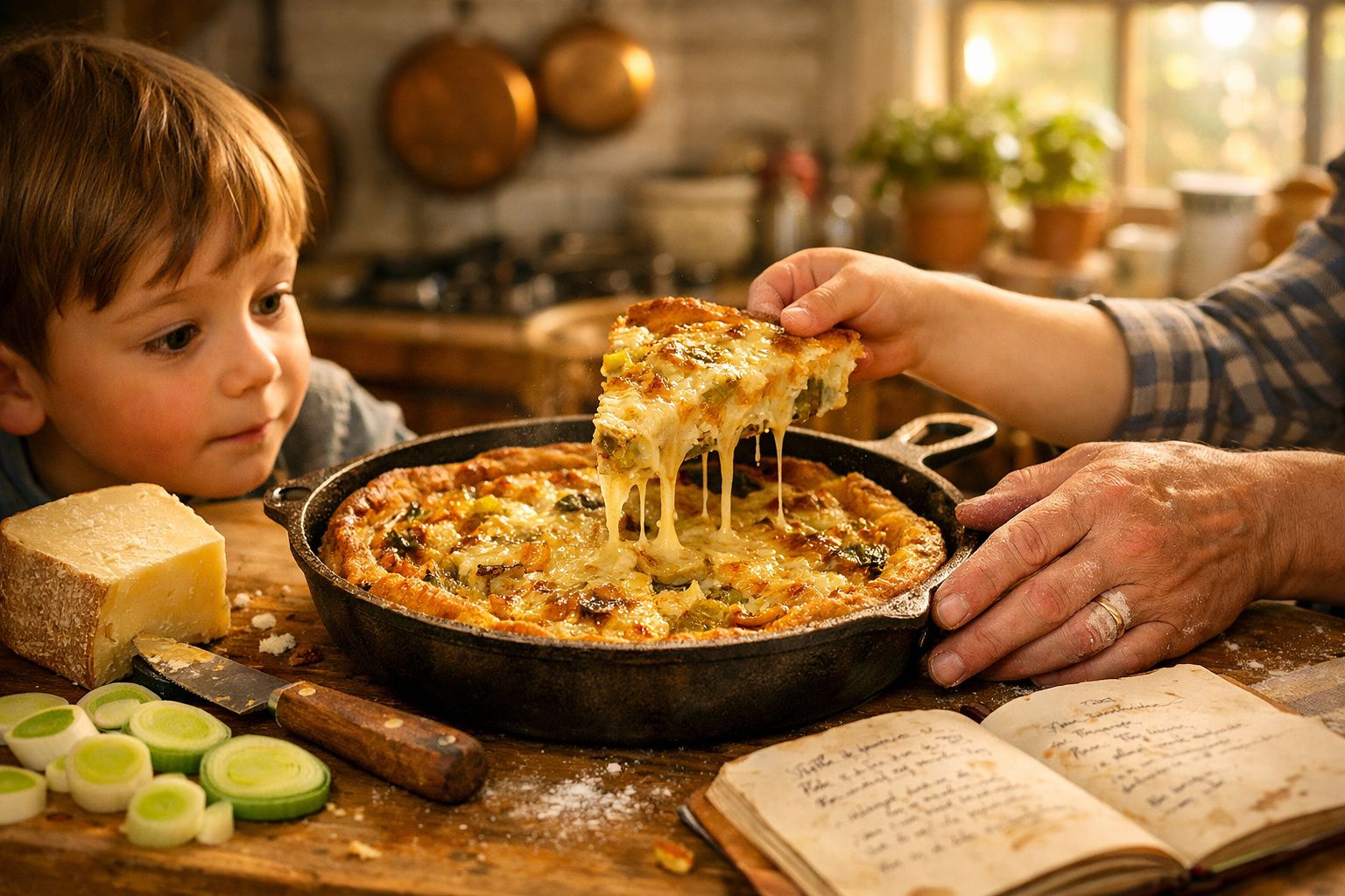 Criança a observar fatia de quiche de queijo retirada de frigideira, com legumes e livro de receitas na mesa.