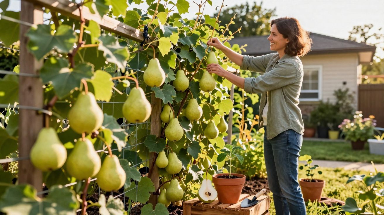 Mulher a colher pêras maduras num pomar caseiro, com sol da tarde e ferramentas de jardim.