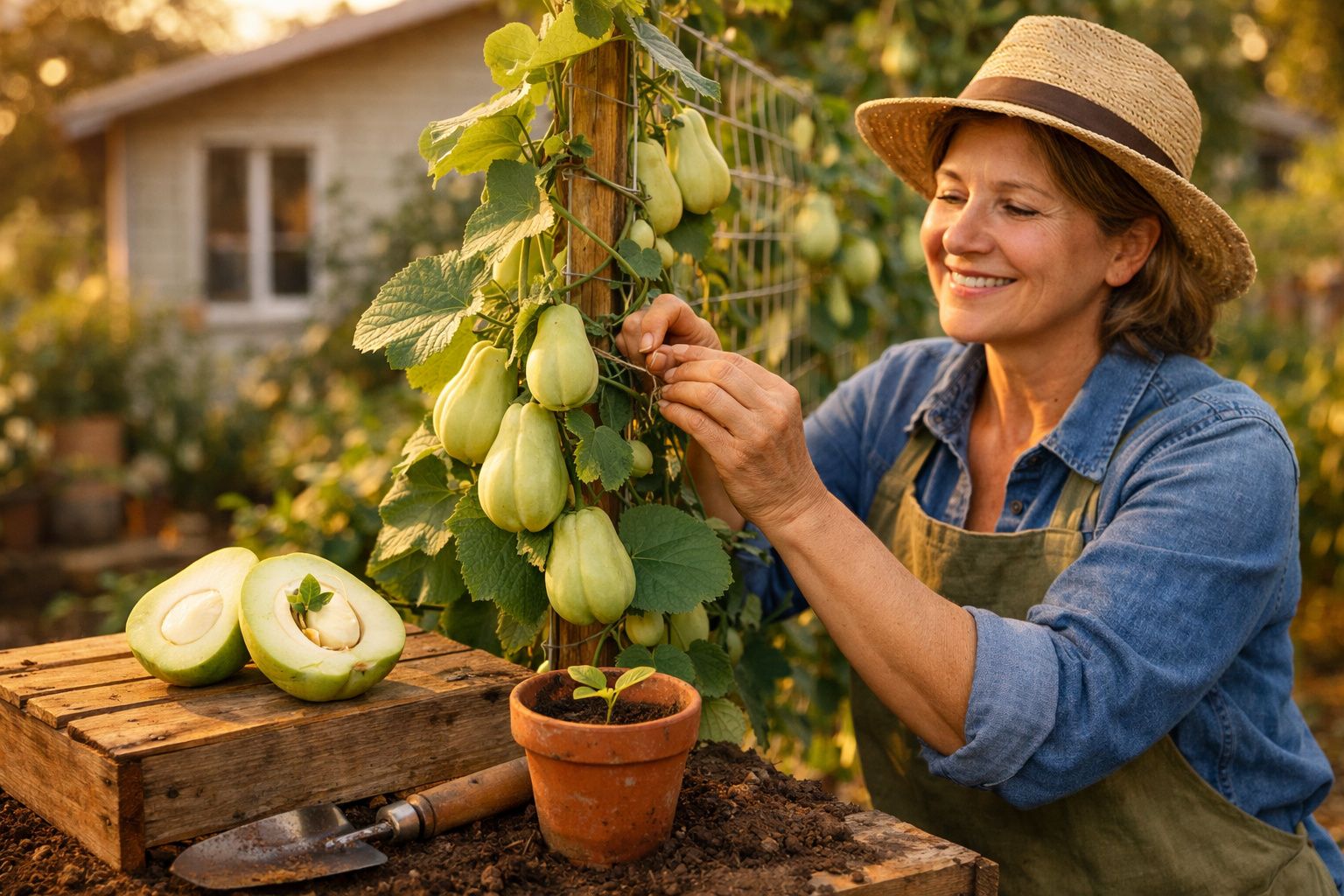 Mulher a colher chuchu maduro numa horta caseira com plantas e frutos verdes ao redor.