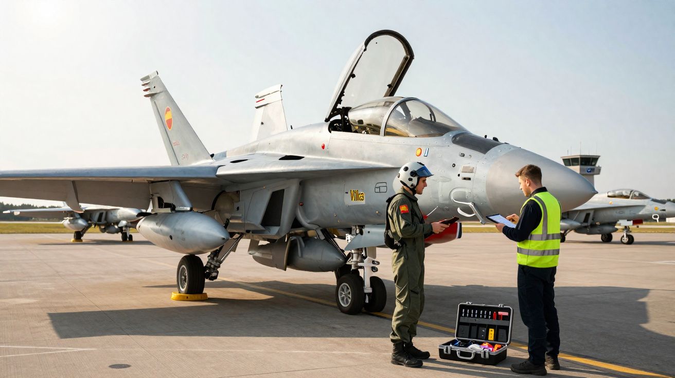 Caça militar estacionado com cabine aberta e dois homens a verificar documentos na pista do aeroporto.