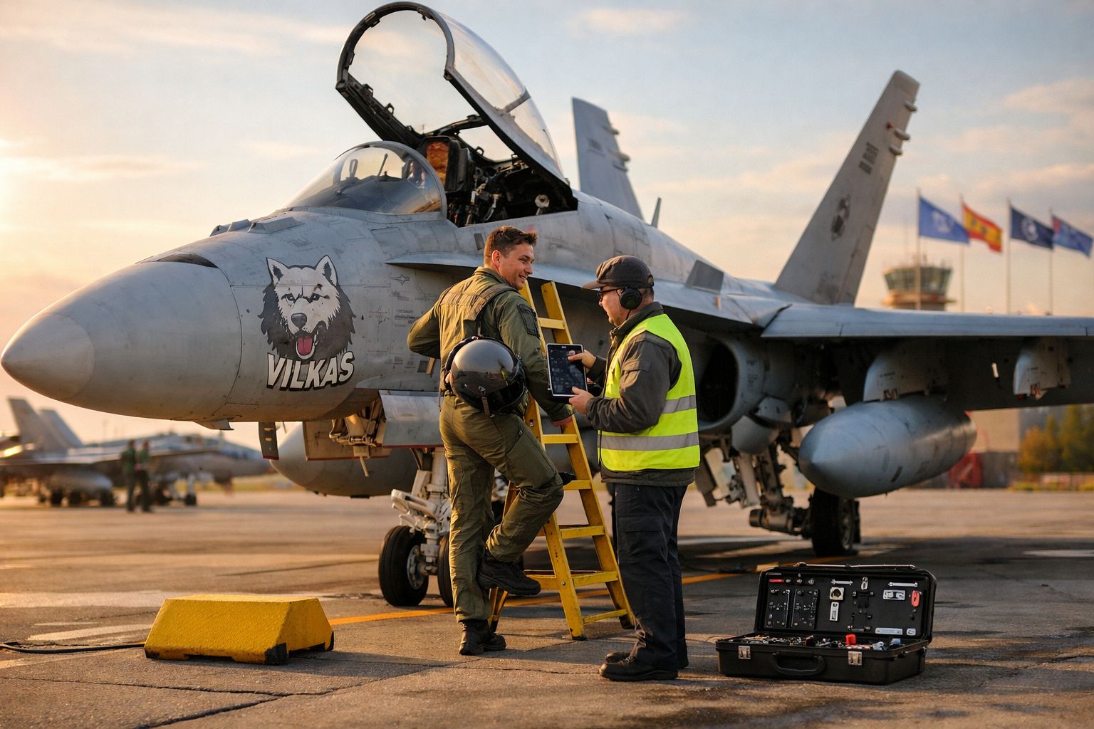 Dois militares junto a um caça F-18 com a palavra "Vilkas" e imagem de lobo na fuselagem, num aeroporto militar ao pôr do sol