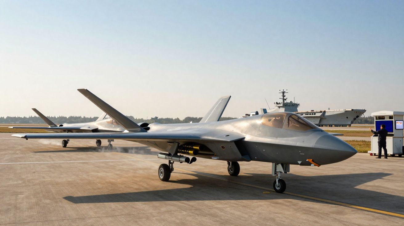 Aviões furtivos militares estacionados numa pista de aeroporto com um navio ao fundo.