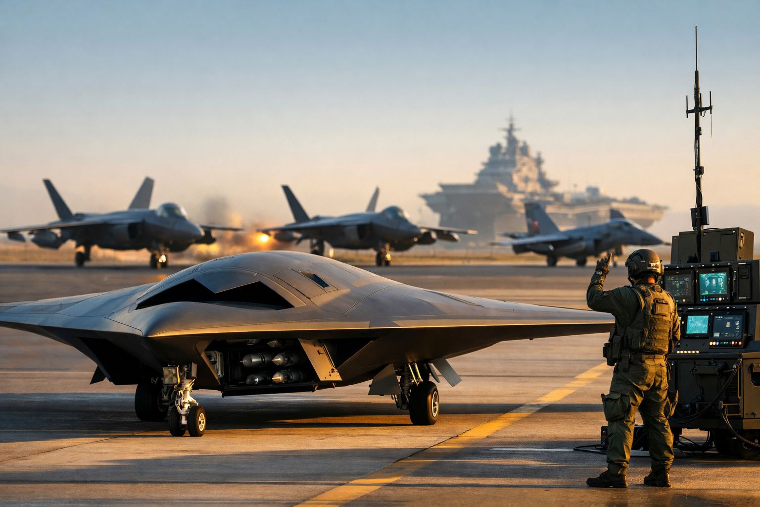 Aviões militares num porta-aviões com operador a sinalizar no convés durante o pôr do sol.