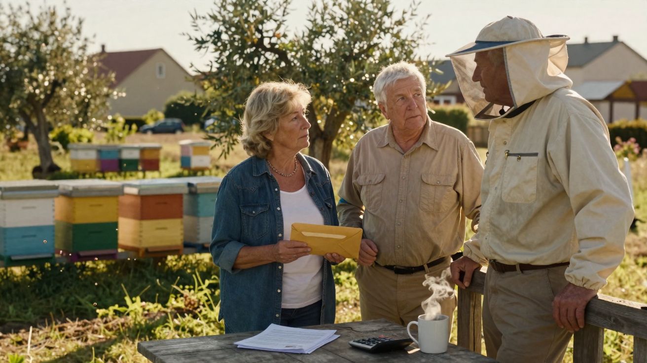 Três pessoas conversam junto a colmeias num apiário, uma veste roupa de apicultor e há papéis e chávena sobre a mesa.