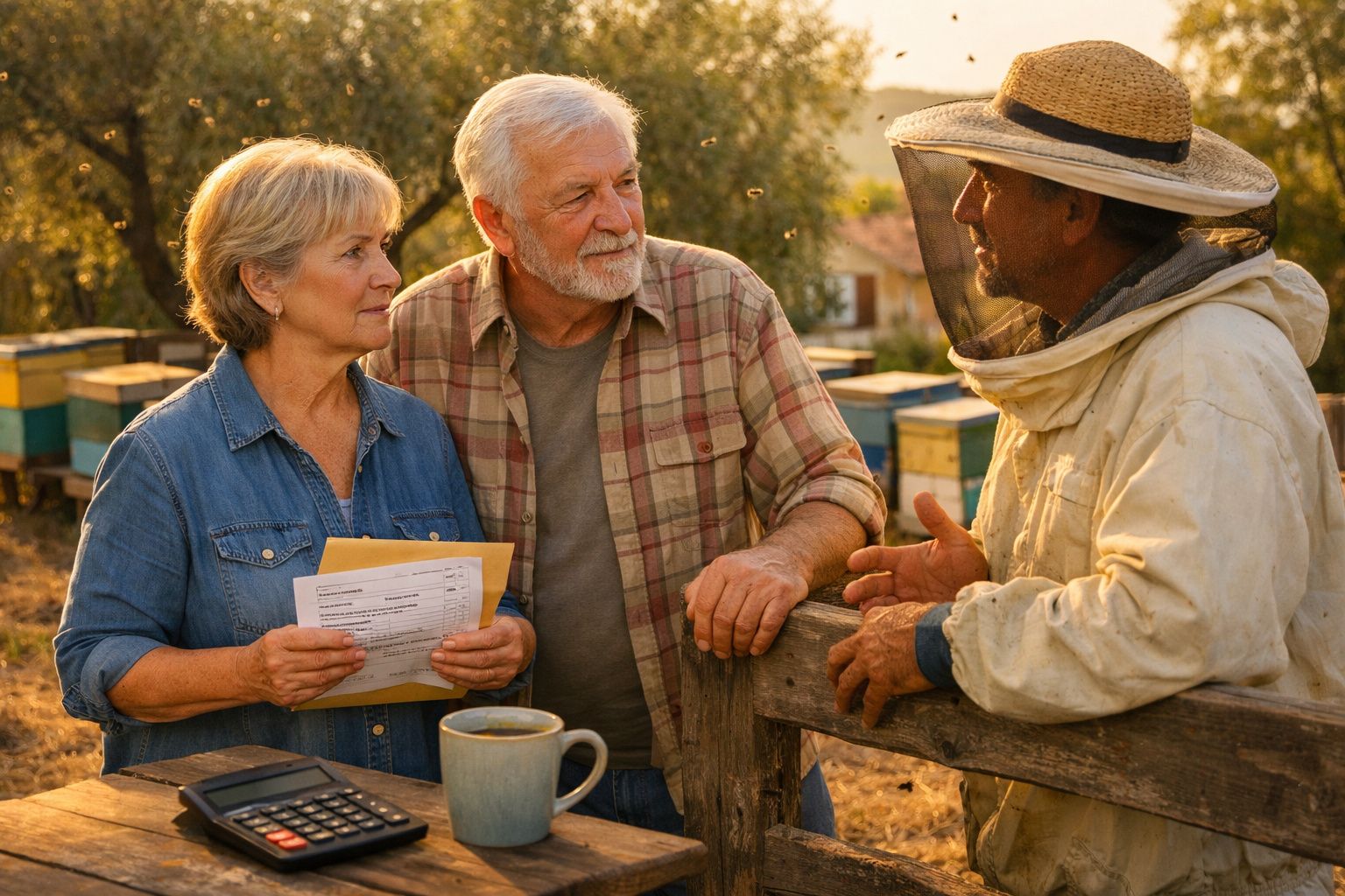 Casal sénior conversa com apicultor junto a colmeias num dia ensolarado.