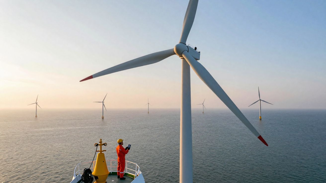 Técnico em fato protector vermelho numa plataforma marítima junto a turbinas eólicas no mar ao pôr do sol.