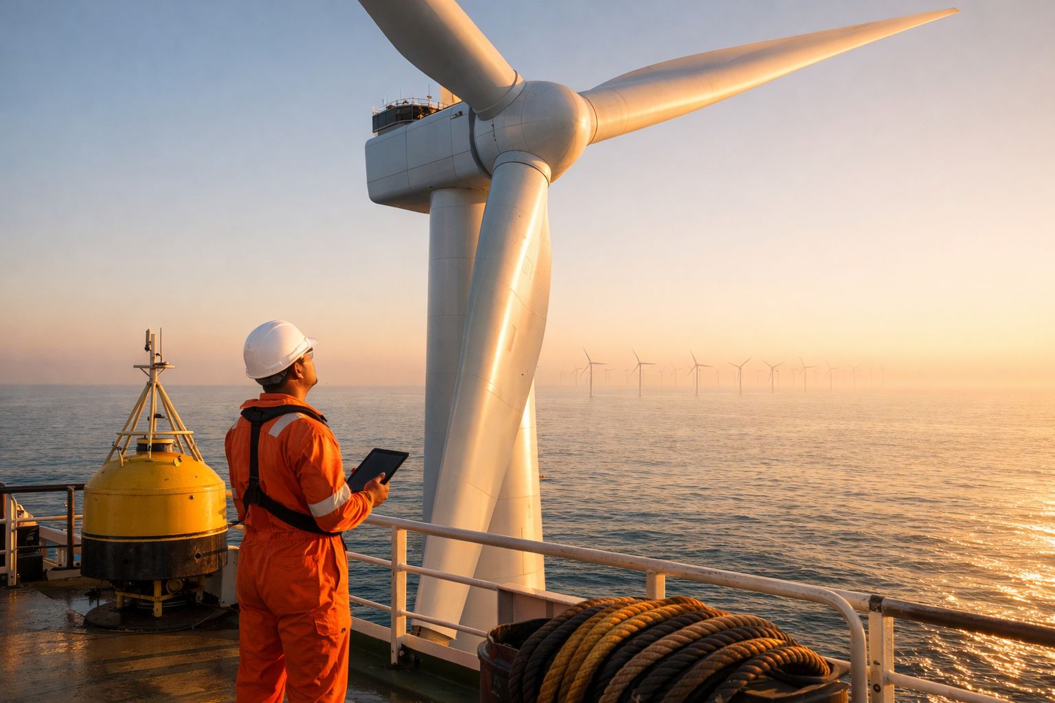 Engenheiro em equipamento de proteção observa turbina eólica offshore ao pôr do sol no mar.