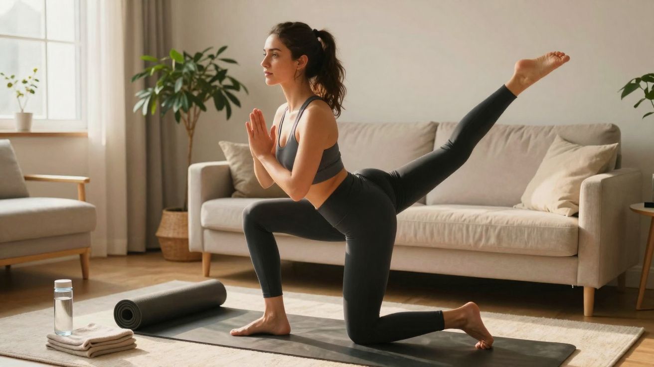 Mulher a praticar yoga em casa, numa perna, num tapete preto numa sala com sofá e plantas.