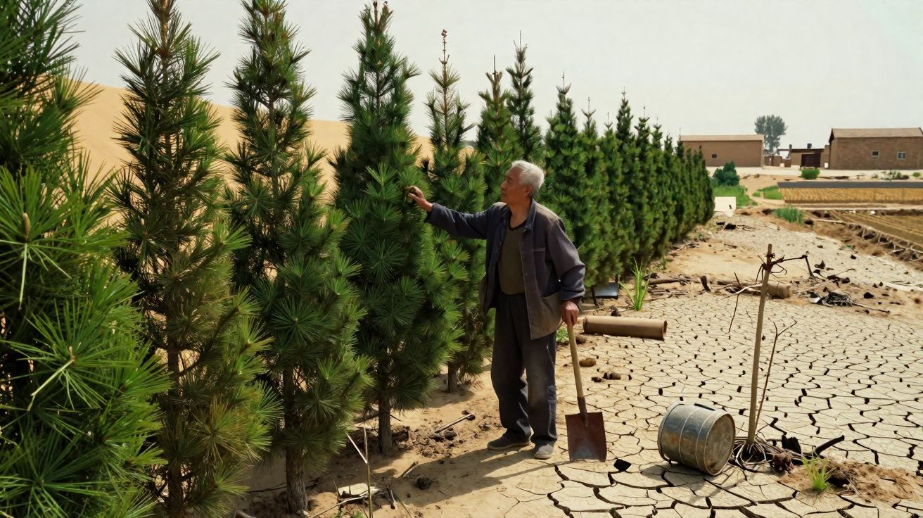 Homem com enxada inspeciona fileira de pinheiros verdes num campo seco e rachado.