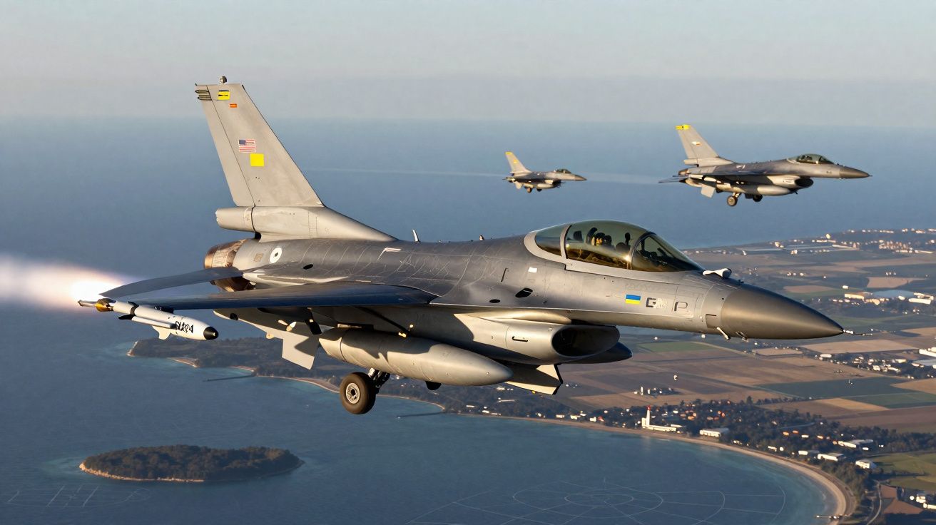 Três caças F-16 em voo sobre a costa com ilha e terrenos agrícolas ao fundo.