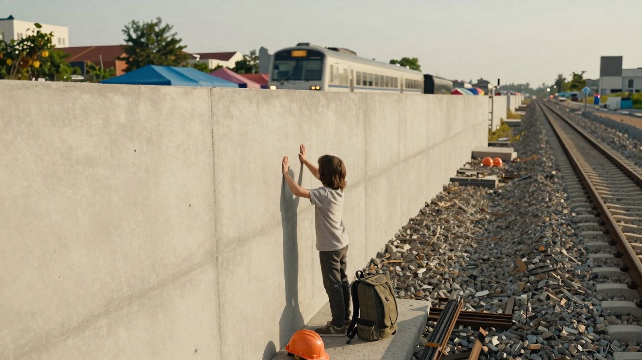 Criança encostada a um muro junto a linhas de comboio e um comboio a aproximar-se ao fundo.