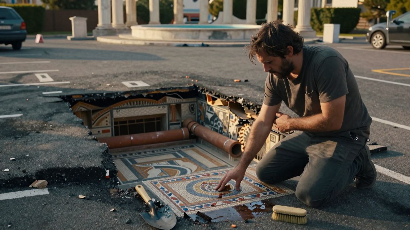 Homem ajoelhado a explorar mosaico antigo escondido sob o asfalto partido num parque de estacionamento.