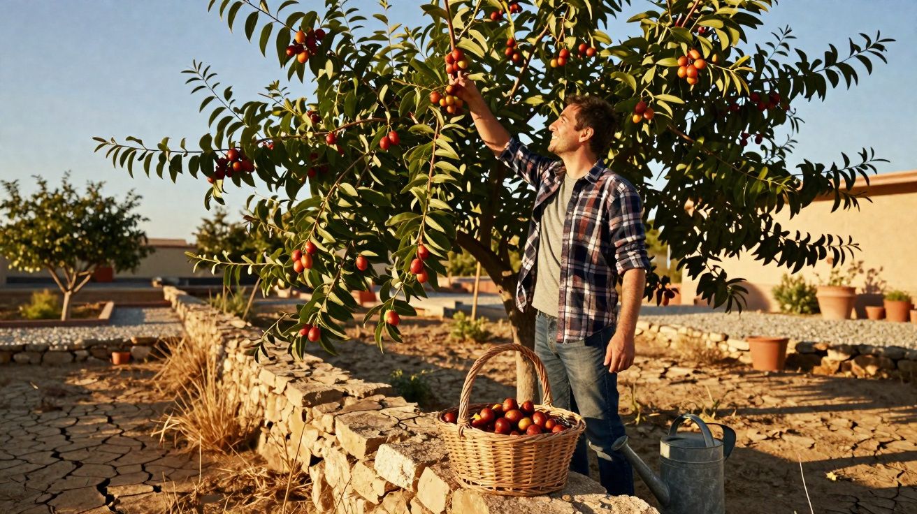Homem a apanharde frutos vermelhos numa árvore com cesto cheio num ambiente rural seco e soalheiro.
