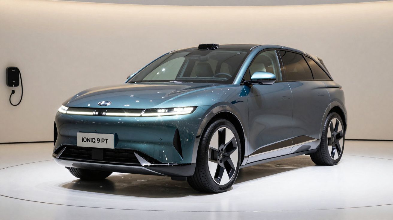 Carro elétrico Hyundai Ioniq 9 azul apresentado numa exposição com carregador na parede branca.