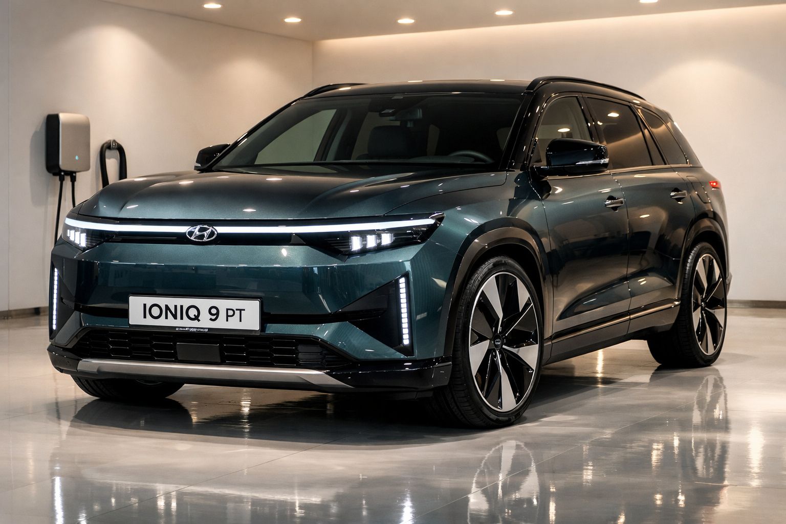 Carro eléctrico Hyundai Ioniq 9 PT verde escuro, apresentado numa garagem com estação de carregamento.
