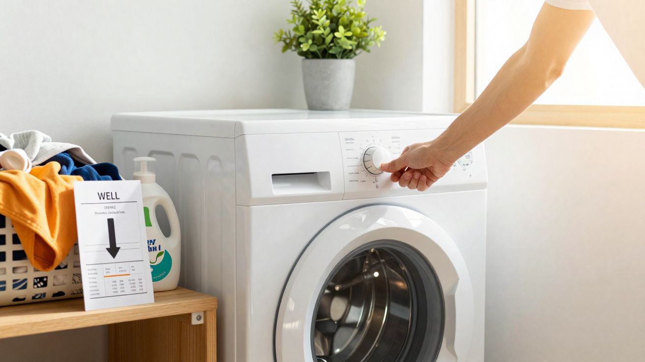 Máquina de lavar roupa branca com pessoa a ajustar o ciclo, cesto de roupa e detergente à vista.