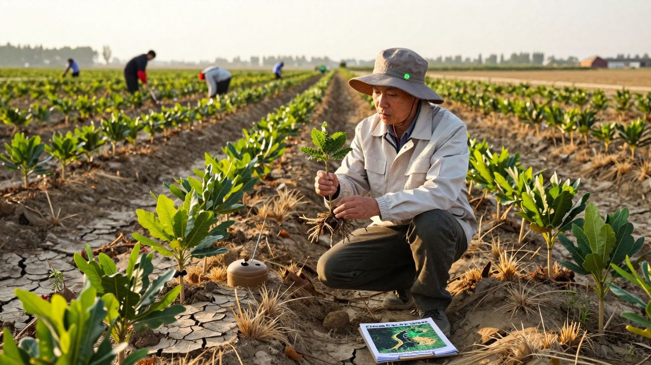 Homem de chapéu examina planta jovem numa plantação com outras pessoas ao fundo a trabalhar.