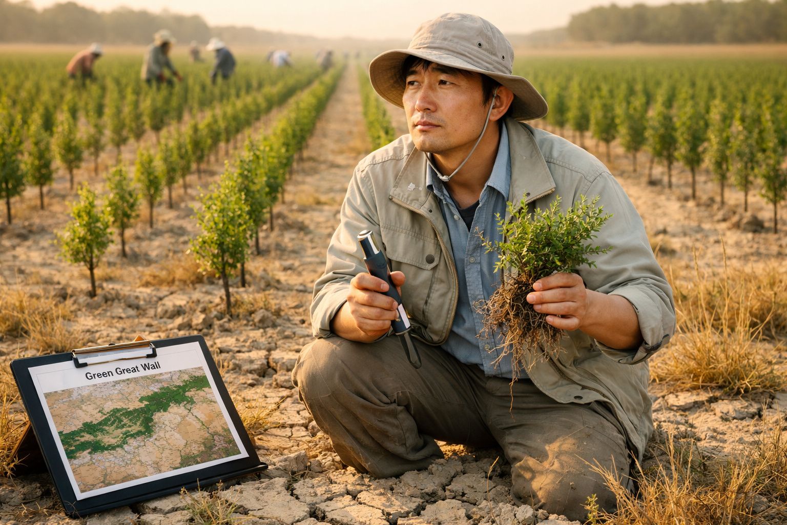 Homem com chapéu examina planta com raízes numa plantação alinhada e documento sobre "Green Great Wall".