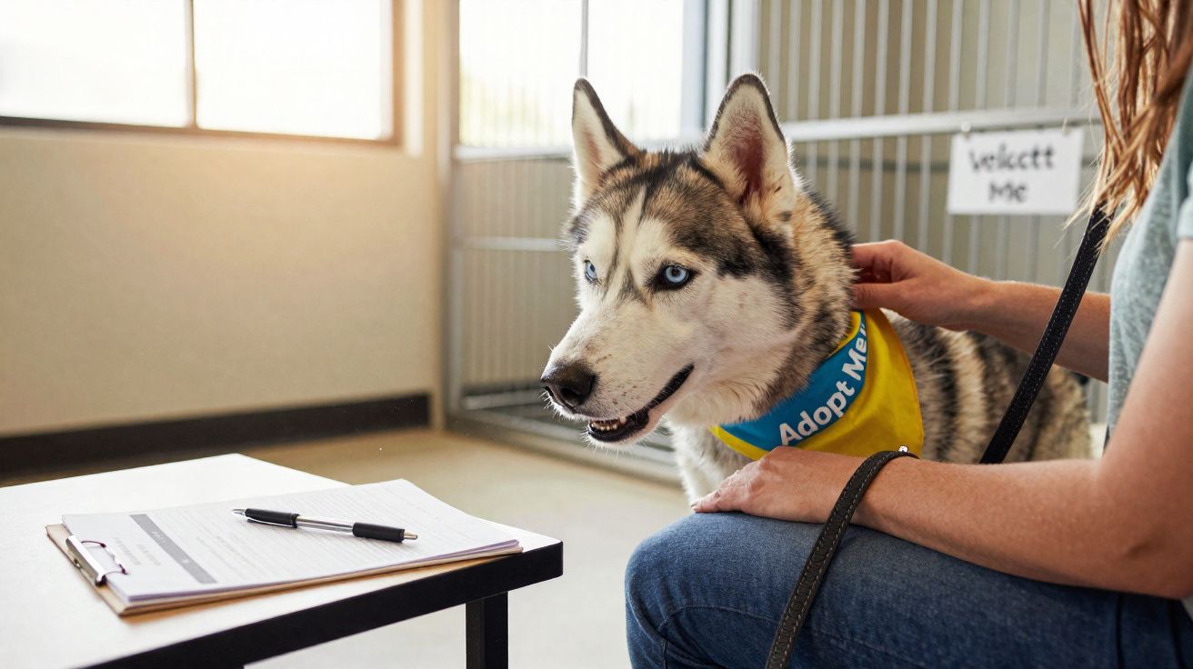 Cão husky com bandana "Adopt Me" junto a pessoa numa sala de adoção de animais.