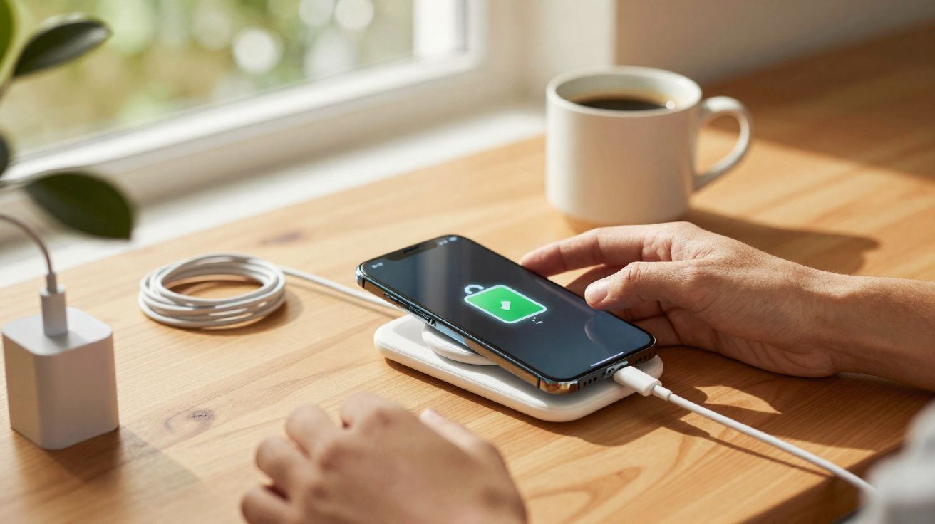 Telefone a carregar numa base de carregamento sem fios sobre uma mesa de madeira, com uma chávena de café ao fundo.