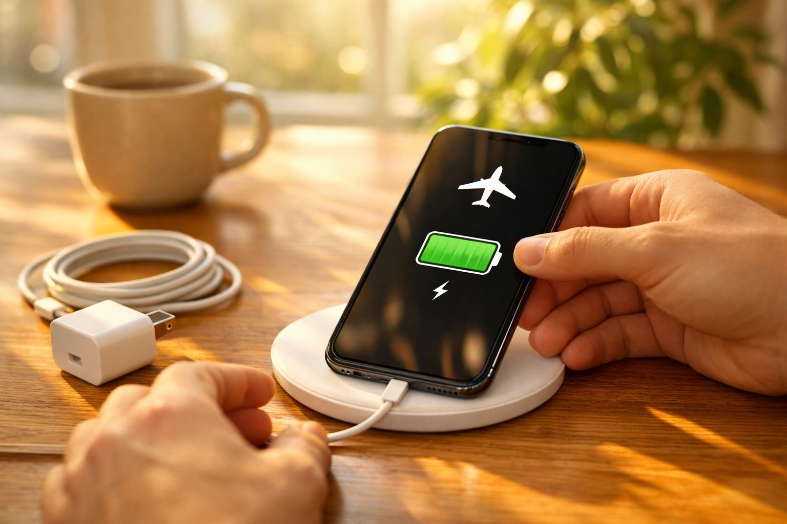 Telemóvel a carregar sem fios colocado sobre carregador, com ícone de bateria cheia e modo avião ativo.
