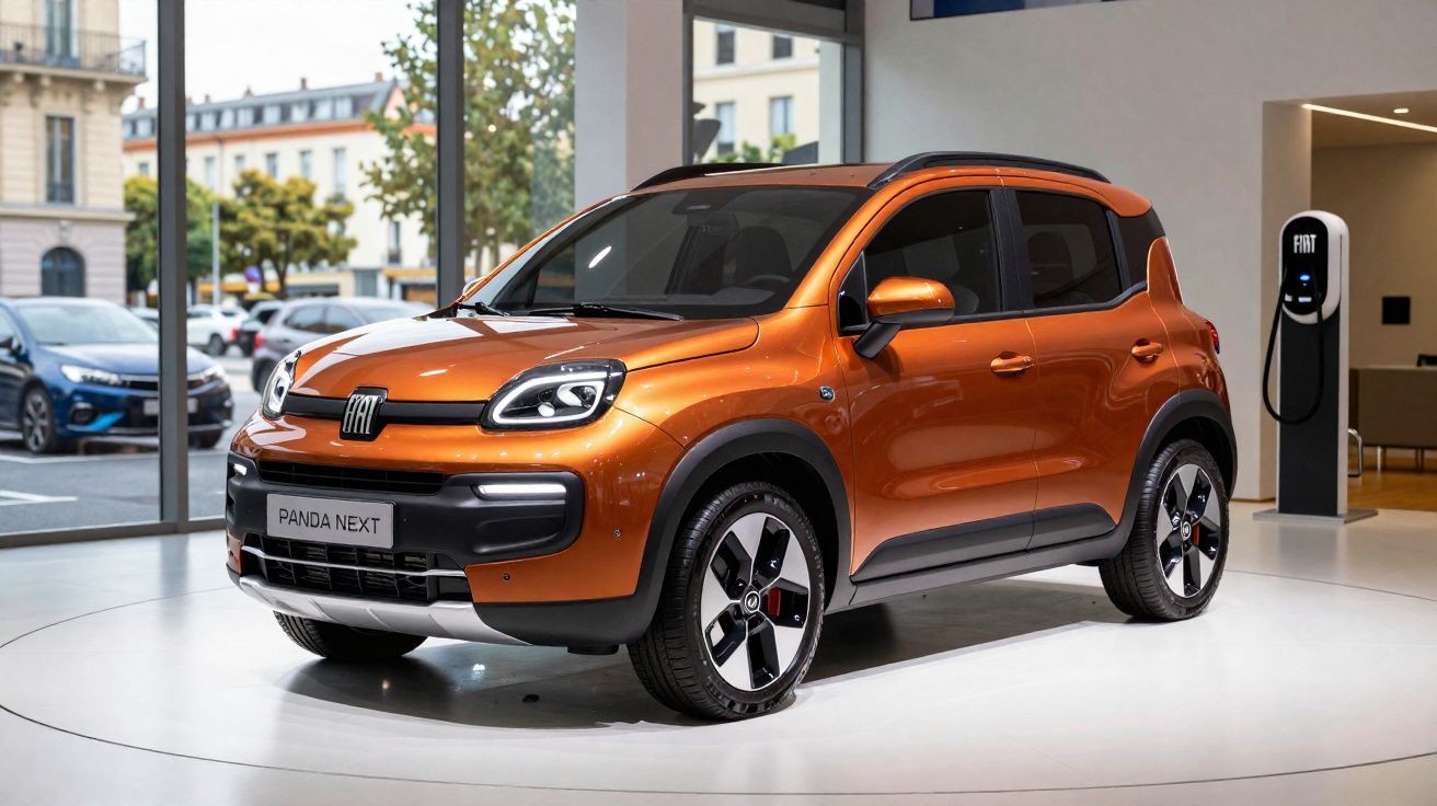 Fiat Panda Next laranja exposto em espaço interior moderno com carregador elétrico ao fundo.