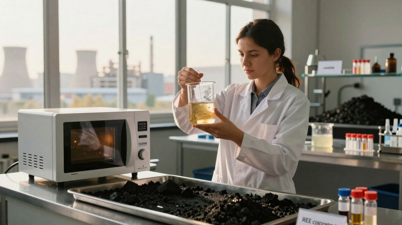 Cientista a analisar amostra líquida amarela num laboratório com equipamento e amostras químicas.