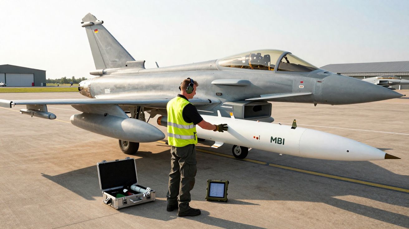 Militar com colete refletor inspeciona míssil sob asa de avião de combate numa base aérea.