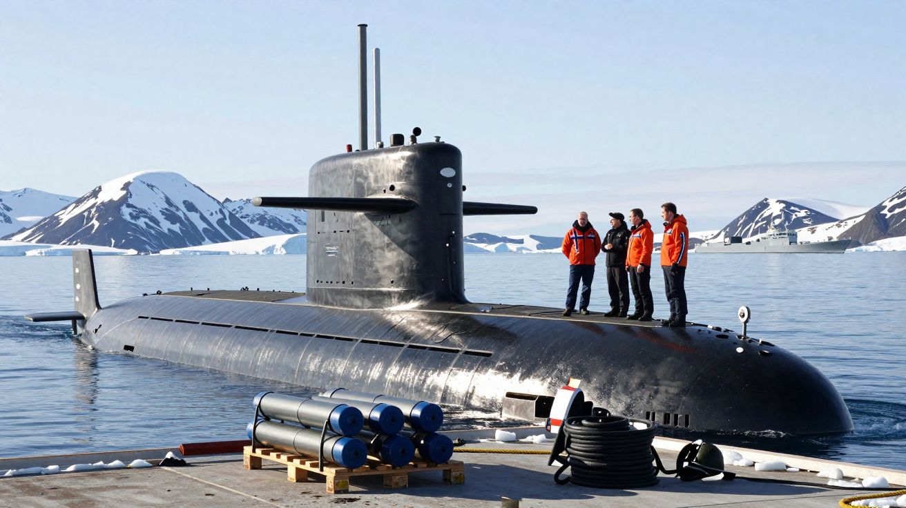 Submarino preto com quatro pessoas de colete laranja em cima, água e montanhas nevadas ao fundo.