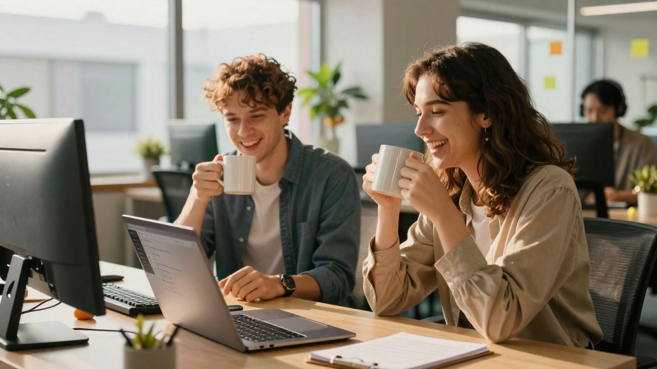 Duas pessoas a trabalhar em computadores, a sorrir e beber chá numa sala de escritório iluminada.