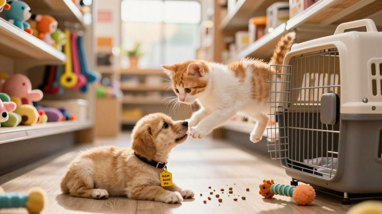 Filhote de cão e gatinho a interagirem num corredor com brinquedos e transportadora de animais.