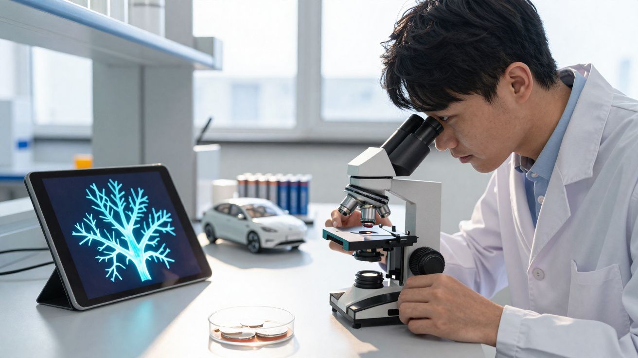 Cientista num laboratório a observar amostras ao microscópio com imagem de nervos exibida num tablet ao lado.