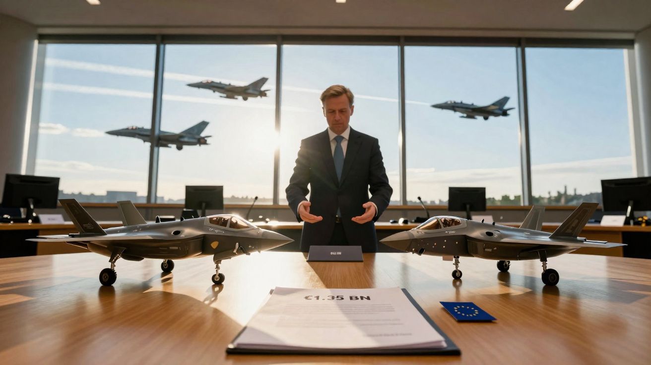 Homem de fato numa sala com modelos de aviões militares e caças a voar fora da janela.