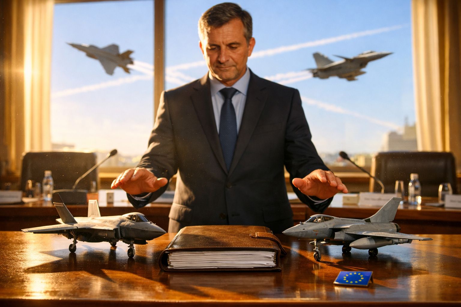 Homem em fato de trabalho com modelos de aviões militares e pasta numa sala com janelas, com dois caças a voar lá fora.