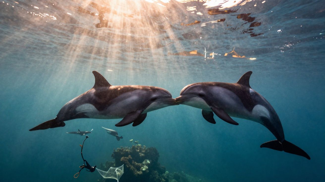 Dois golfinhos a tocar focinhos debaixo de água com raios de sol a iluminar a cena.