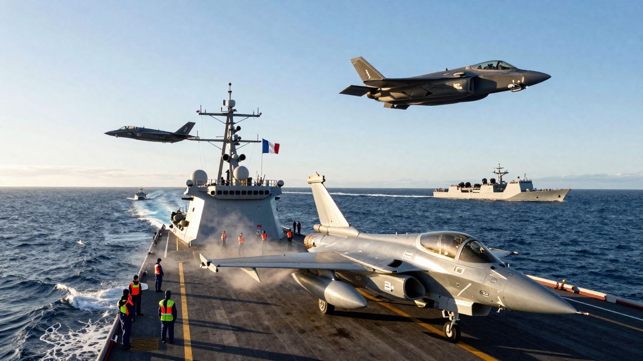 Porta-aviões com tripulação e três caças militares em voo e pouso no mar durante dia claro.