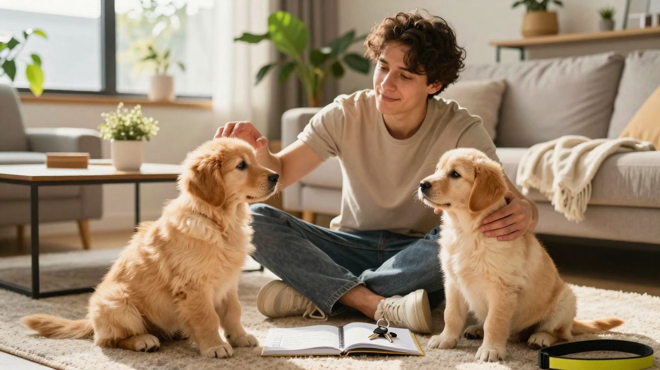 Jovem sentado no chão de sala a brincar com dois cachorros golden retriever ao lado de cadernos.
