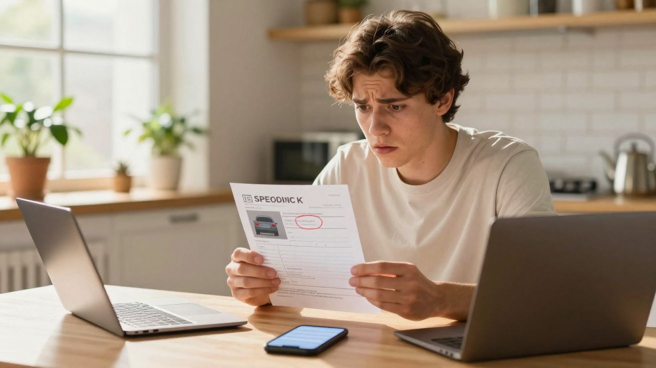 Jovem preocupado a analisar documento de multa, sentado à mesa com dois portáteis e telemóvel.