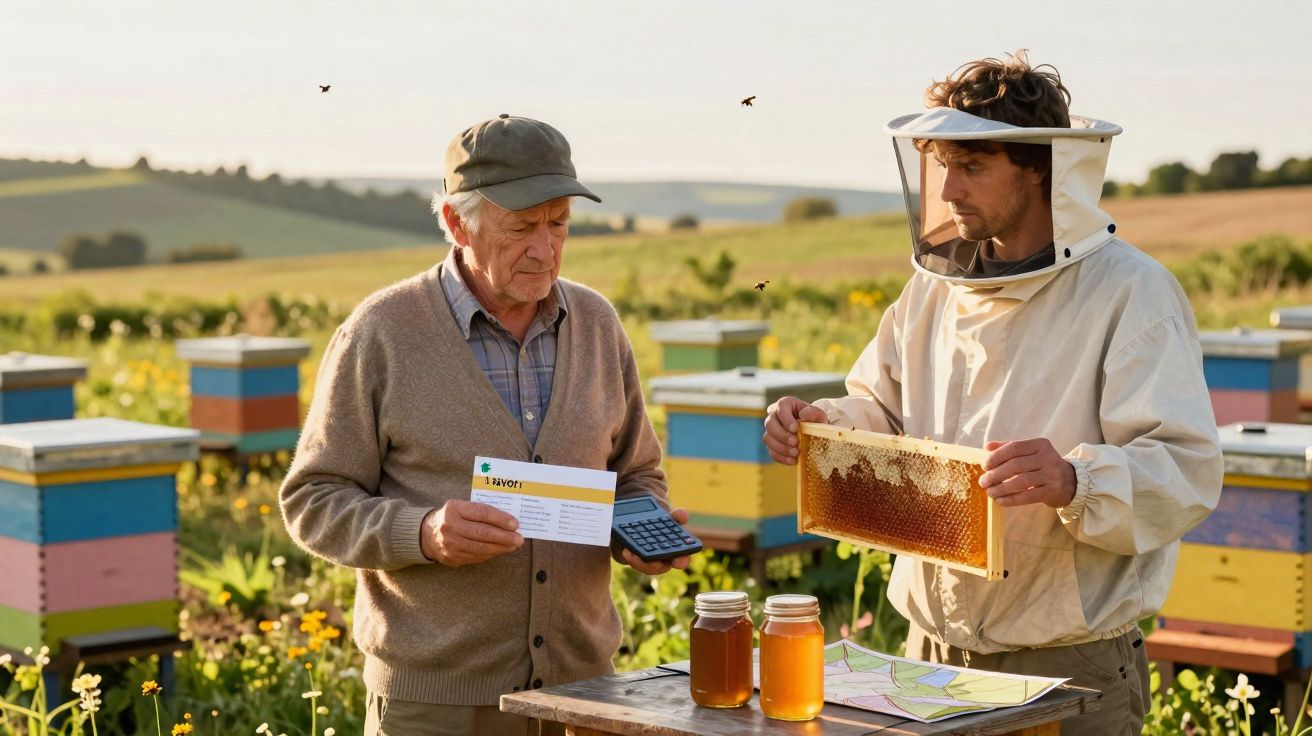 Dois apicultores, um com fato de proteção a manipular favo de mel e outro com calculadora à mesa com frascos de mel.