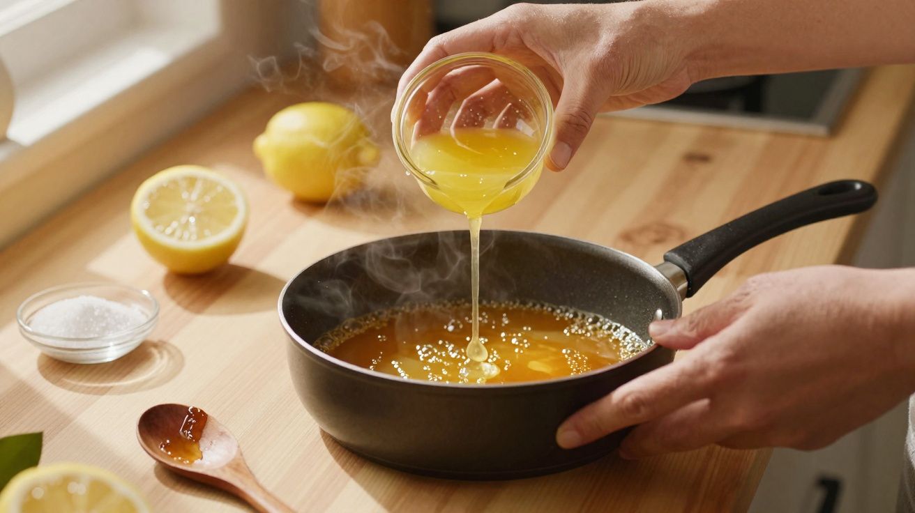 Pessoa a verter sumo de limão quente numa frigideira, com limões e açúcar numa bancada de madeira.