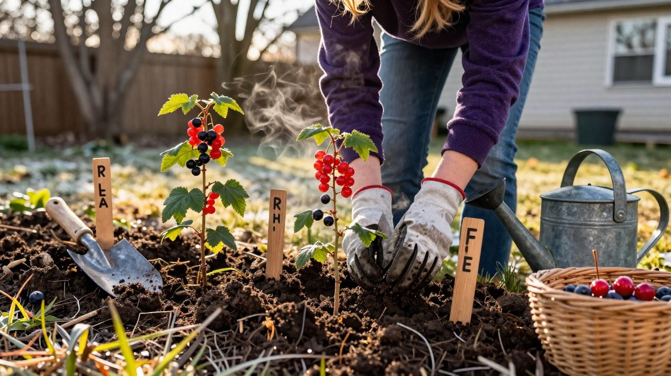 Pessoa a plantar arbustos com bagas vermelhas e preto num jardim, rodeada de ferramentas de jardinagem.
