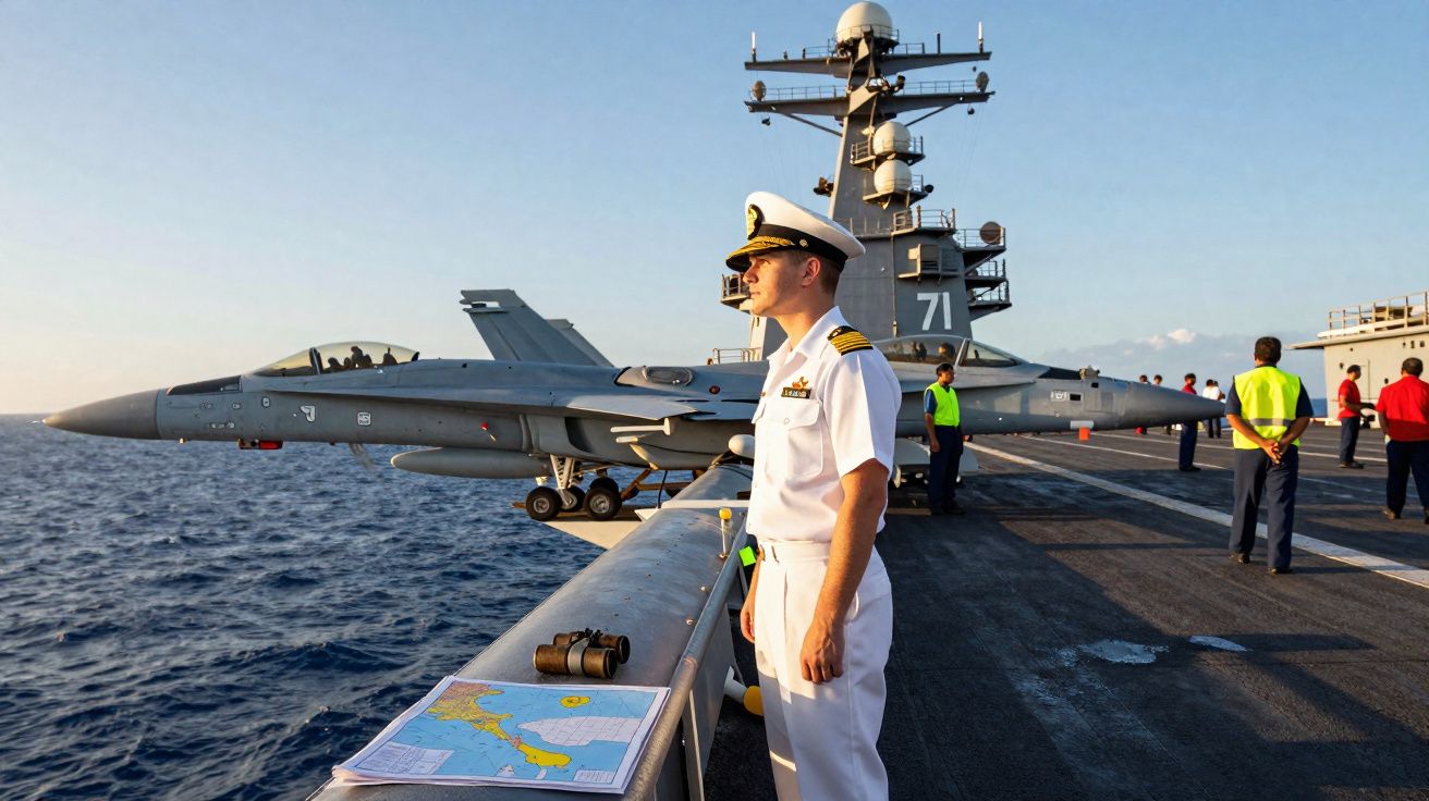 Militar em uniforme branco observa horizonte no convés de um porta-aviões com jato ao fundo.
