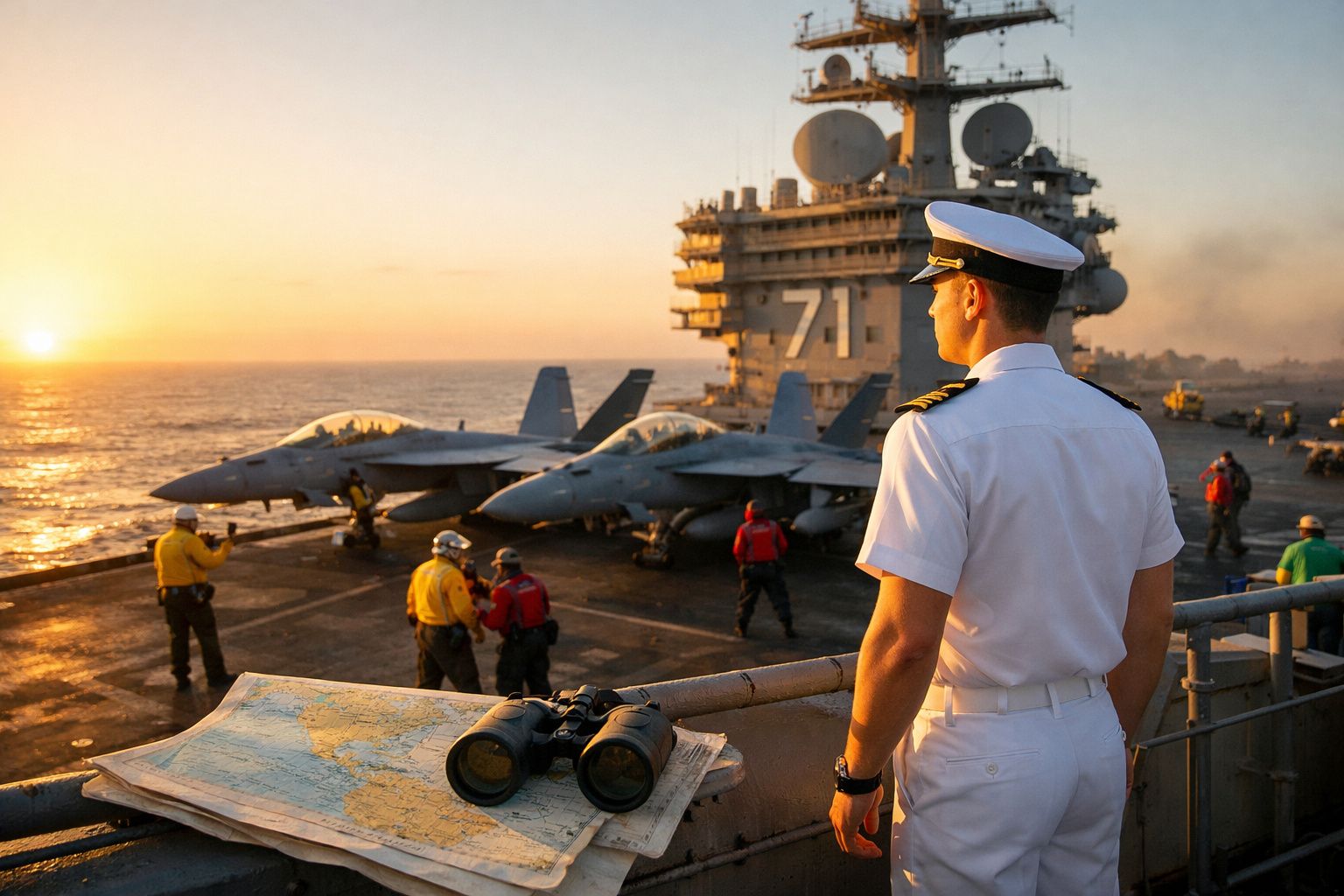 Oficial naval em uniforme branco observa porta-aviões com caças no convés durante o pôr do sol no mar.