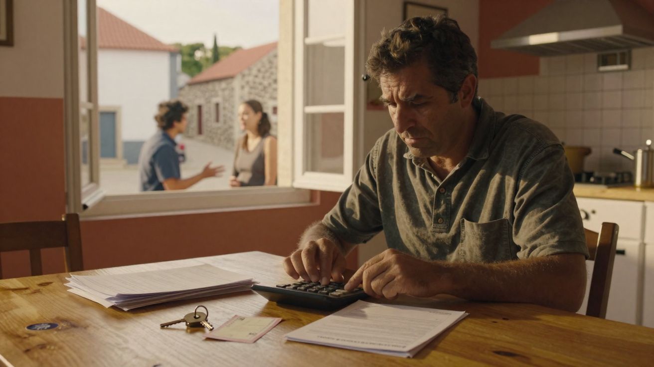 Homem sentado à mesa a usar calculadora com documentos, enquanto casal conversa na janela aberta ao fundo.