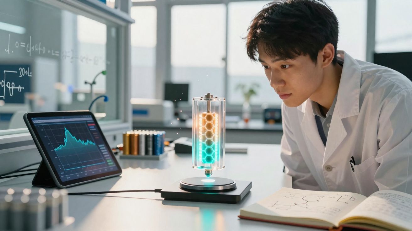 Cientista em laboratório observa célula luminosa enquanto monitoriza dados num tablet e consulta livro aberto.