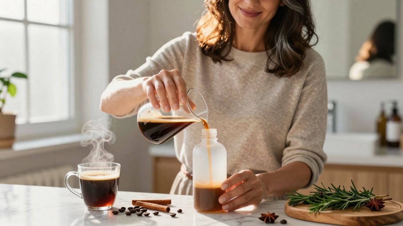 Mulher a despejar café quente de jarro para garrafa numa cozinha luminosa com especiarias e café na bancada.
