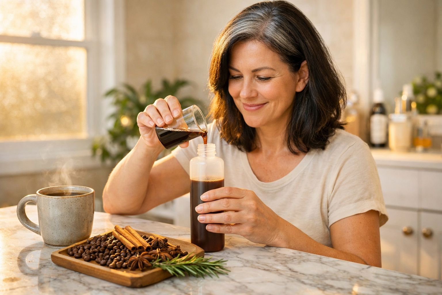 Mulher sorridente a verter café num frasco, com café, especiarias e raminho numa mesa de cozinha luminosa.