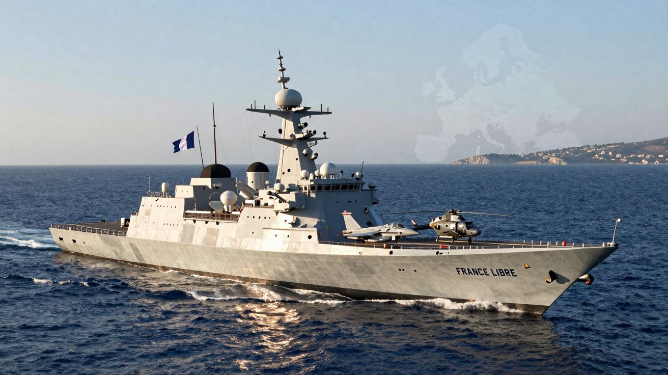 Navio de guerra francês "France Libre" navegando no mar com helicóptero e avião a bordo.